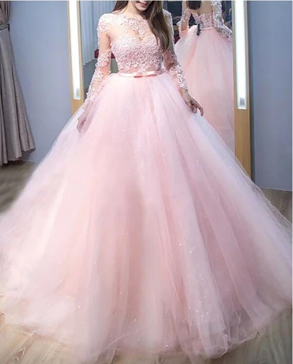 Ball Gown Long Sleeves Train Lace Tulle ...